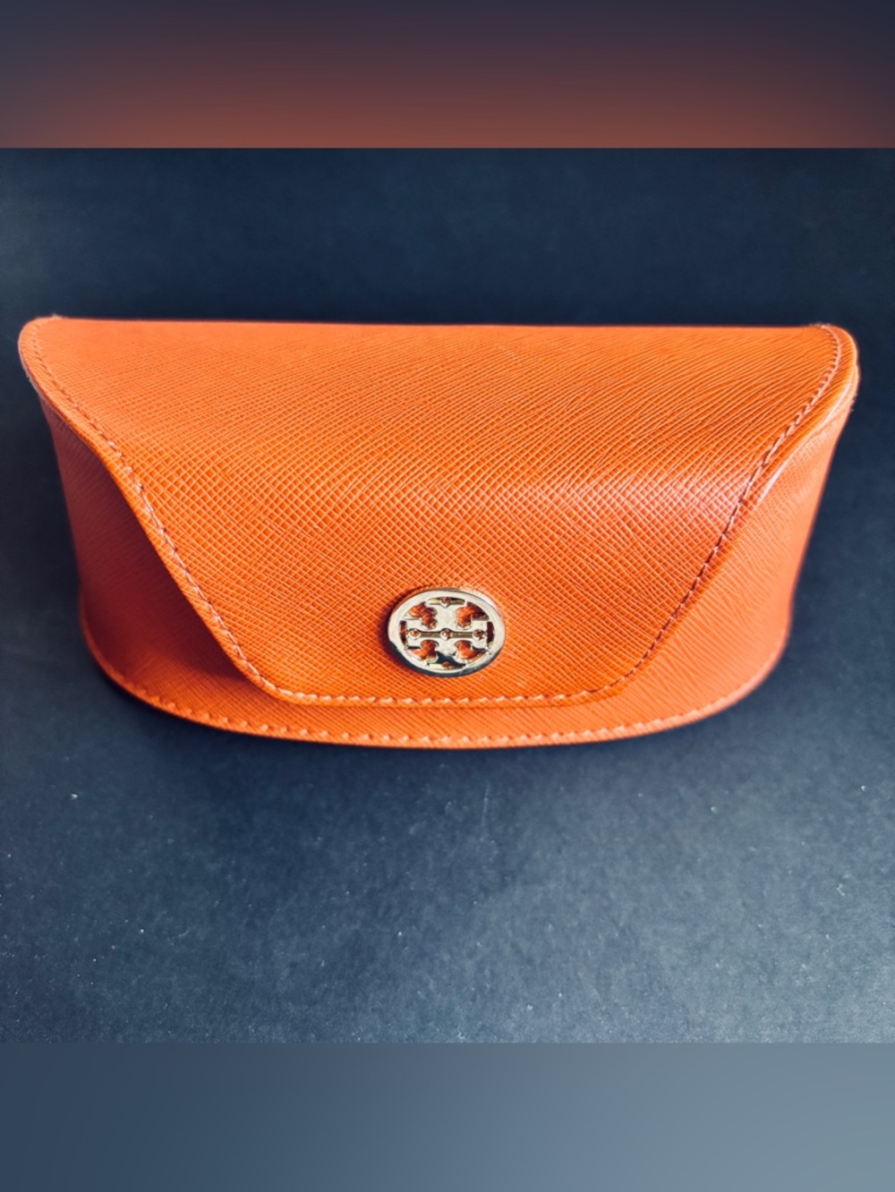 Tory Burch Orange Saffiano Leather Eyewear Case with Logo Snap